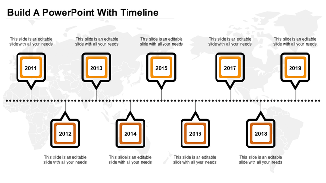 Horizontal timeline with alternating square milestones from 2011-2019, all outlined in orange and black with caption areas.