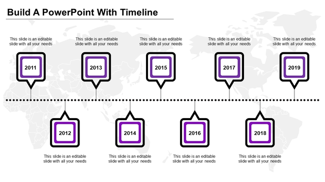 Timeline with nine square shaped purple milestone markers, placed along a dotted horizontal path over a world map.