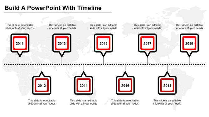 Timeline infographic with nine black and red square labels for years, aligned to a dotted line on a map backdrop.