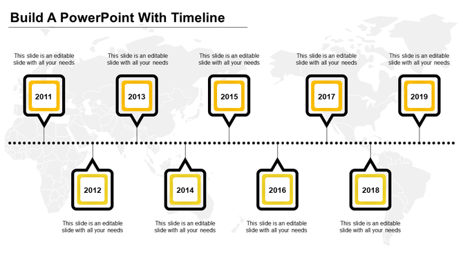 Horizontal timeline with alternating square milestones from 2011-2019, all outlined in yellow and black with caption areas.
