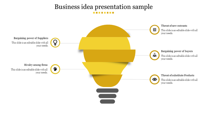 Sample business idea presentation template with a segmented yellow lightbulb design with icons and placeholder text.