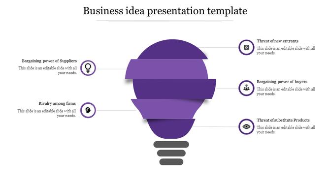 Business concept infographic featuring a purple lightbulb center with six labeled icons and connecting lines on both sides.