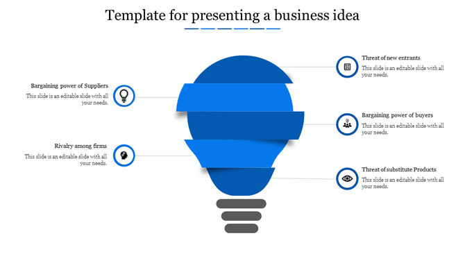 Slide featuring a lightbulb design with five blue layers, each labeled with a business concept and an icon.