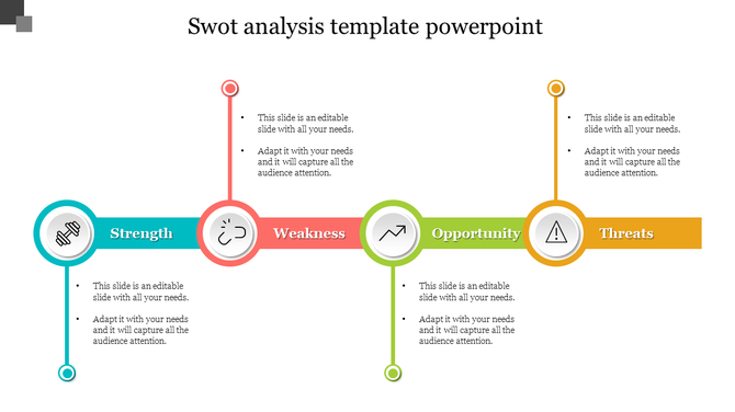 SWOT analysis slide with four horizontal sections in blue, red, green, and yellow, each with circular icons and descriptions.