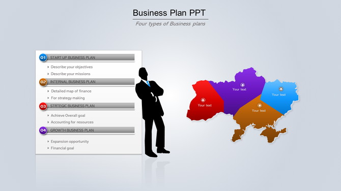 Business strategy slide with a structured list of four plans, a human silhouette, and a segmented map with placeholders.