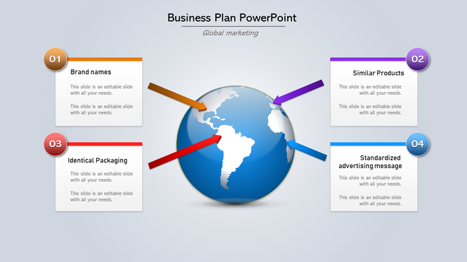 Business plan slide featuring a globe with arrows pointing to four text boxes in orange, purple, red, and blue.