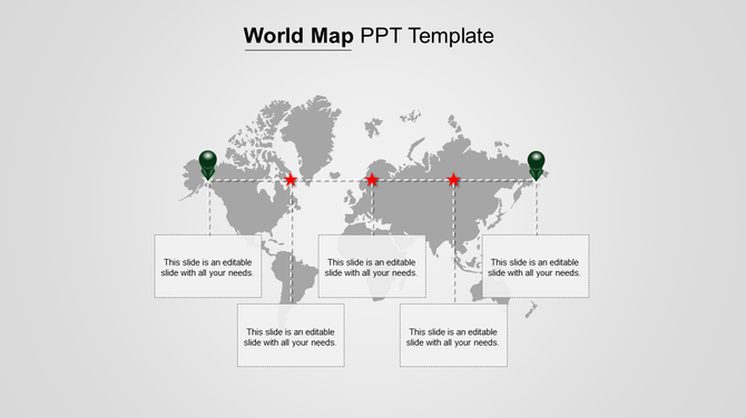 Grayscale world map with three red stars and two green map pins, connected to text boxes by dashed lines.