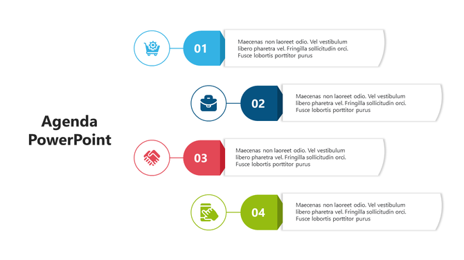 Agenda slide with four numbered text boxes in blue, navy, red, and green, each paired with circular icons.
