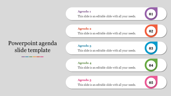 Agenda slide template with five tabs, each featuring a colored number badge, bold agenda title, and description text.