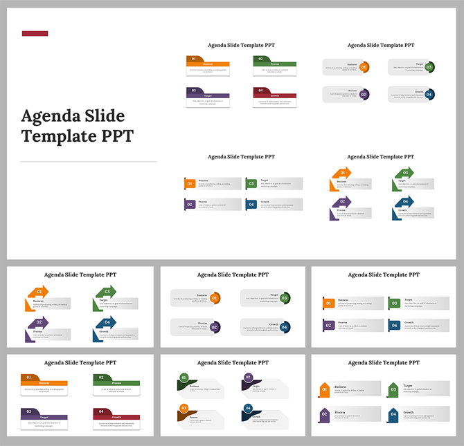 Minimalist agenda slide layouts displaying different formats with points, colored highlights, and text placeholders.