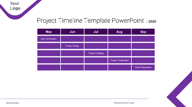 Structured timeline chart in shades of purple showcasing monthly tasks, displayed in a grid format with clear labels.