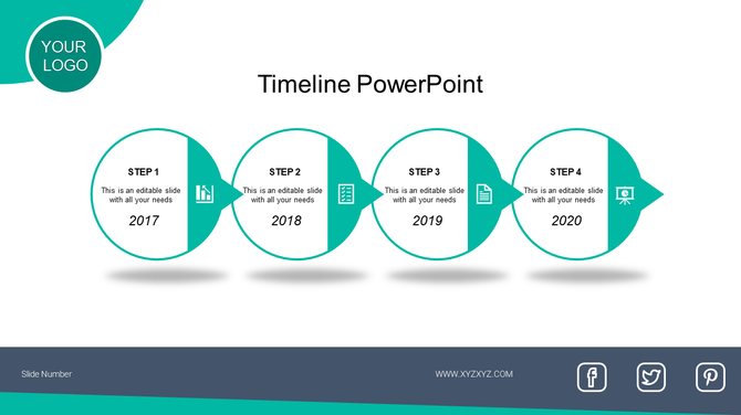 Minimalist timeline design with four connected circular milestones, each labeled with a year, step number, and relevant icon.