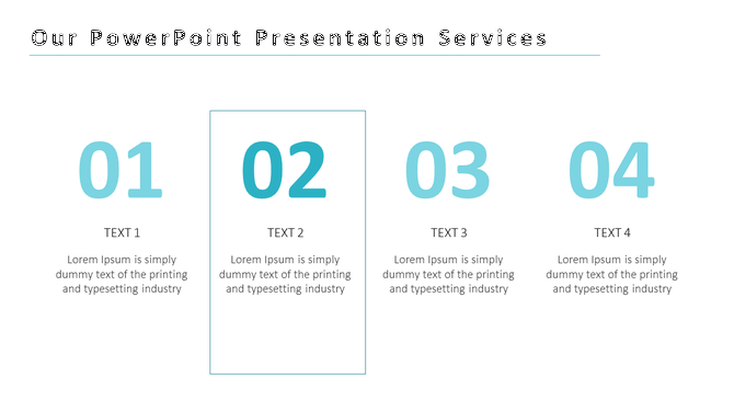 PowerPoint slide showcasing four service sections with numbered labels, each with placeholder text.