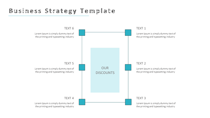 Business strategy template with a central box surrounded by six text areas for strategic details.
