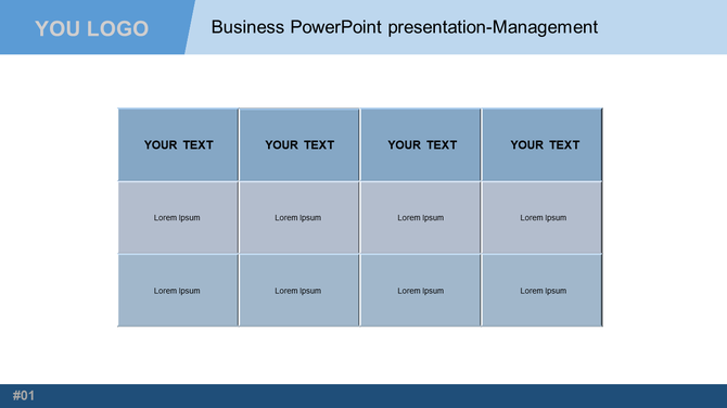 Business presentation slide displaying a structured table with four header cells and multiple content sections.