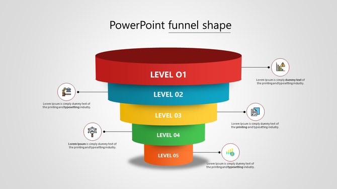 Funnel shaped diagram slide with five levels, each color coded, illustrating a hierarchical process with icons and captions.