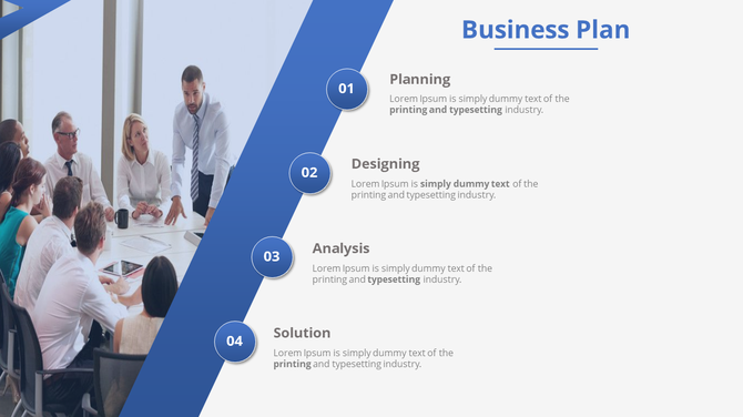Business strategy slide with a process, numbered blue circles, and a professional team meeting in the background.