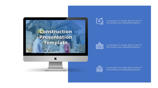 Professional construction slide featuring an iMac screen with a site image and a blue section with three icons on the right.
