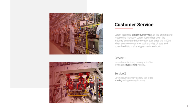 Customer service PPT slide with two images of workers in a factory and a robotic assembly line, with service descriptions.