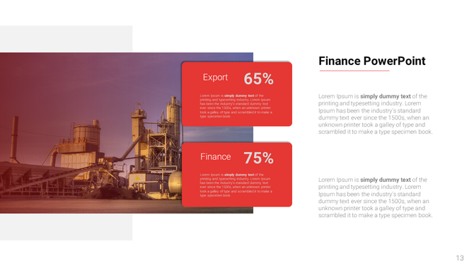 Industrial scene on the left with a gradient background and two red rectangular text boxes featuring percentage values.