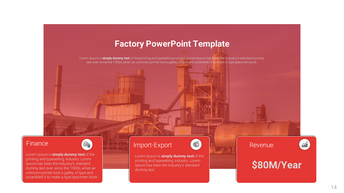 Red overlay on an industrial factory background with three boxes highlighting key metrics and icons.