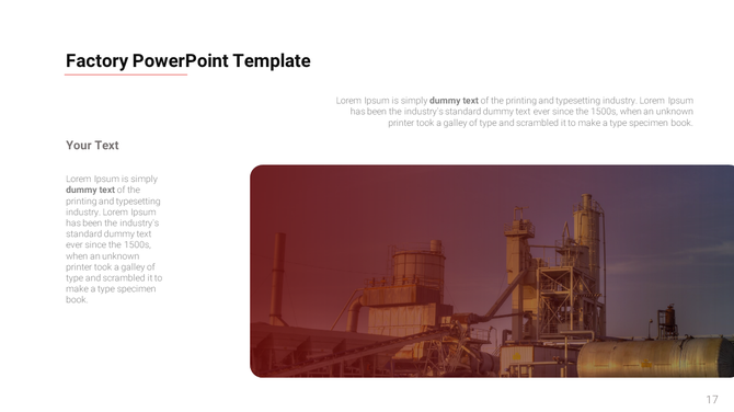 Factory slide with a large industrial plant image, overlaid with a red gradient on the right, and text content on the left.