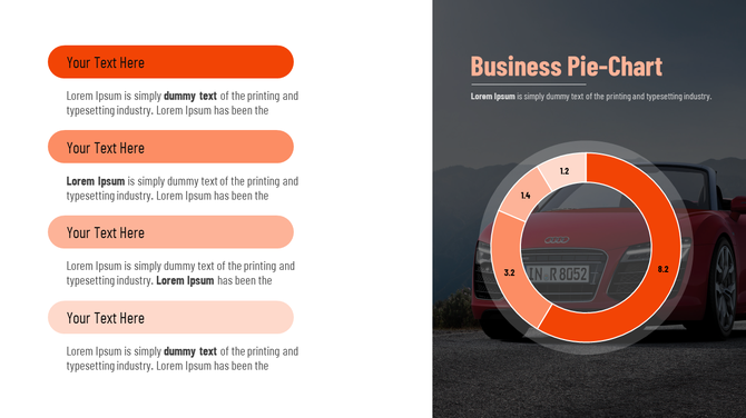 Business pie chart template with a car background, featuring sections labeled with text and pie chart values.