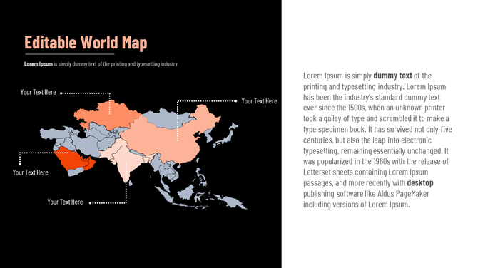 World map PowerPoint template with regions highlighted and placeholder text on a split black and white backdrop.