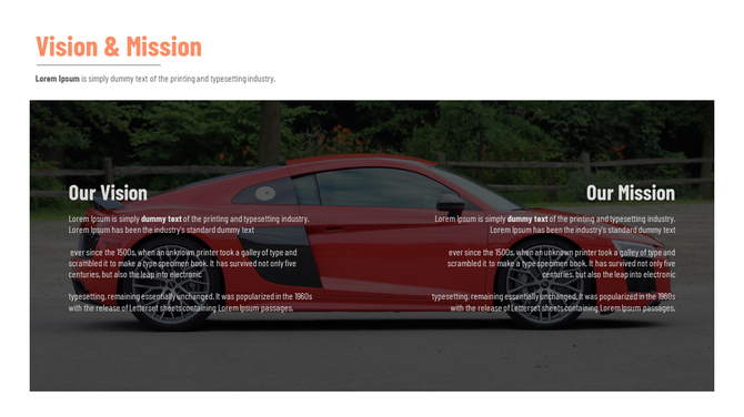 Vision and mission slide with a red sports car background, a dark overlay, and two text sections labeled.