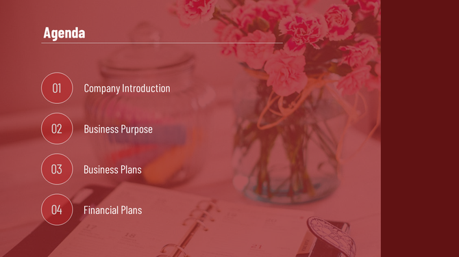 Agenda template featuring four topics listed with corresponding numbers, against a soft focus floral background.