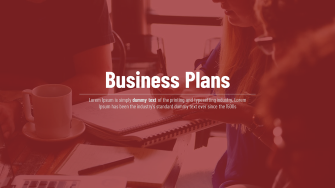 Business plan PowerPoint slide featuring a group working together on strategies, with text overlay.