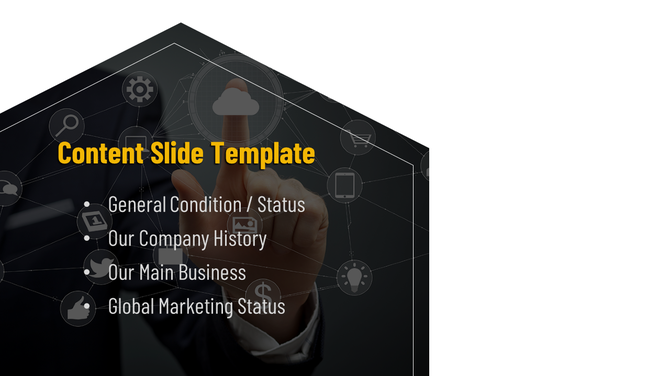 Content slide template featuring a person touching a digital interface with icons, and text, on a dark backdrop.
