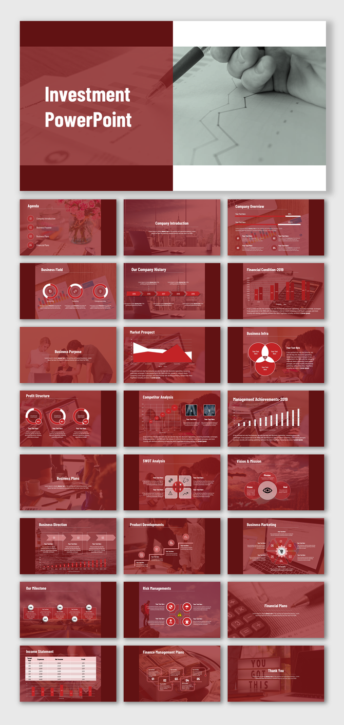Red themed investment slide deck with 31 slides showcasing various business topics and financial plans.