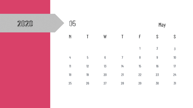 Calendar layout for May 2020 with a bold pink background and date numbers arranged in a grid.