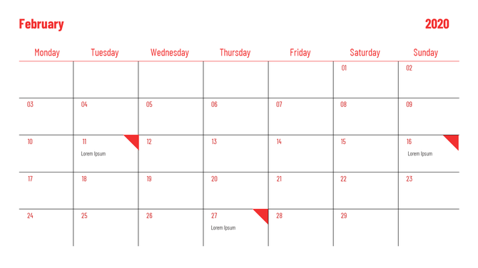 February 2020 calendar design, featuring red indicators on specific dates, ready for text addition.