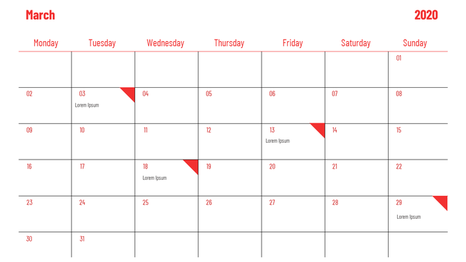 PowerPoint slide with a calendar for March 2020, featuring red dates with text placeholders.