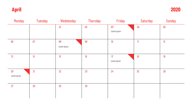 Minimalist April 2020 calendar with a red and white theme, featuring dates with red markers and placeholder text areas. 