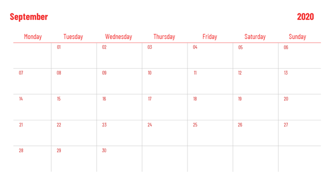 Red-themed September 2020 calendar featuring a Monday-to-Sunday format with a basic grid design.