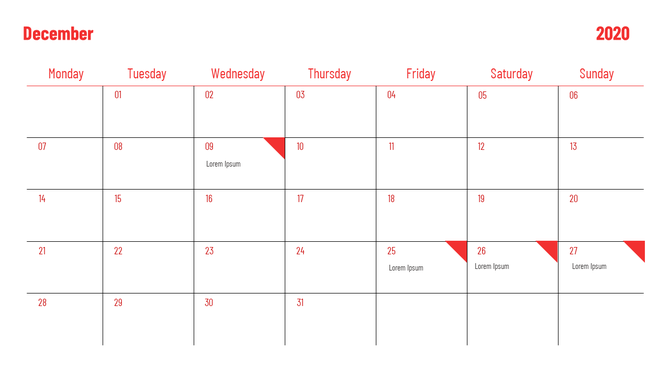 Calendar PPT template for December 2020, with red highlighted dates and text placeholders.