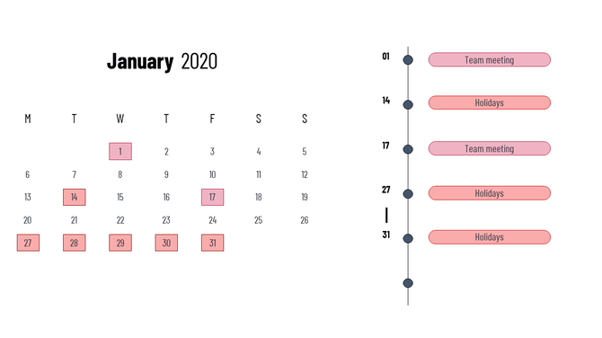January 2020 calendar with highlighted dates in red and a vertical timeline on the right displaying scheduled events.
