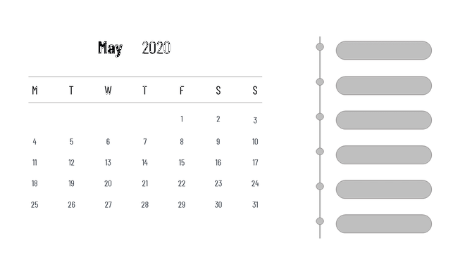May 2020 calendar PowerPoint slide with a list of dates on the left and text placeholder boxes on the right.