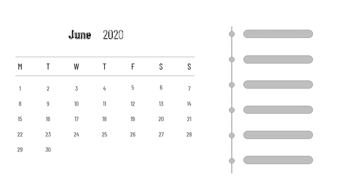 Simple June 2020 calendar on the left, paired with a vertical event timeline with grey placeholder text areas.
