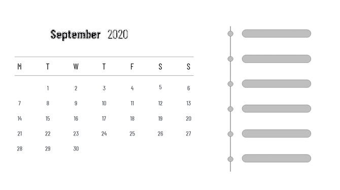 September 2020 calendar layout with days of the week and a vertical list section on the right side.