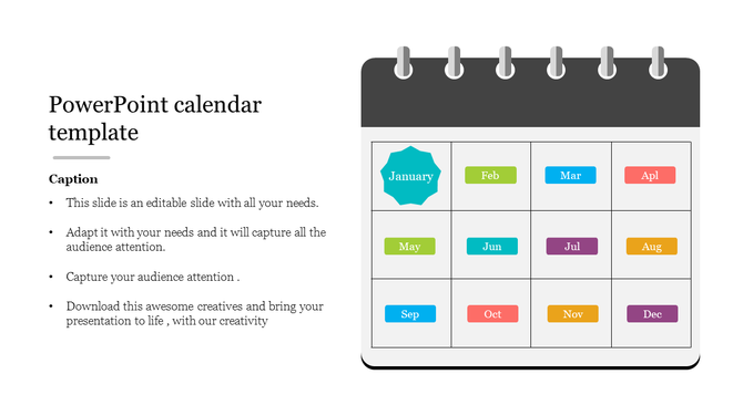Calendar PPT template featuring a year overview with colorful month labels and text sections.