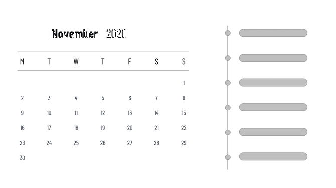 November 2020 calendar on the left with a vertical timeline on the right featuring blank event placeholders.
