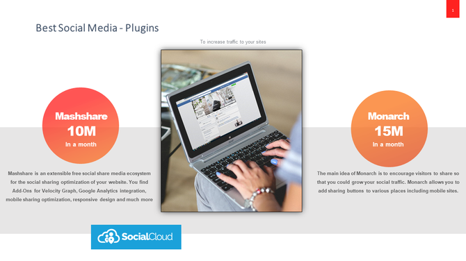 Social media plugins comparison slide with a laptop image in the center and two statistics for Mashshare and Monarch.