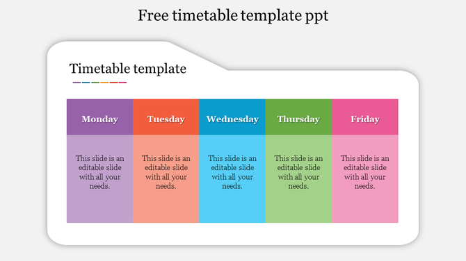 Colorful weekly timetable slide displaying sections for each weekday from Monday to Friday with placeholder text.