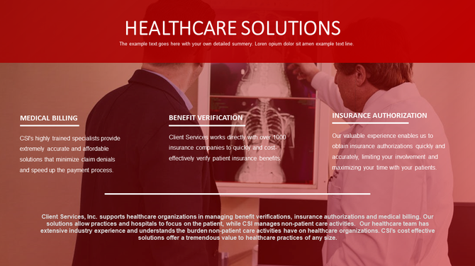 Red themed healthcare slide with three text sections for services, featuring doctors examining an x ray in the background.