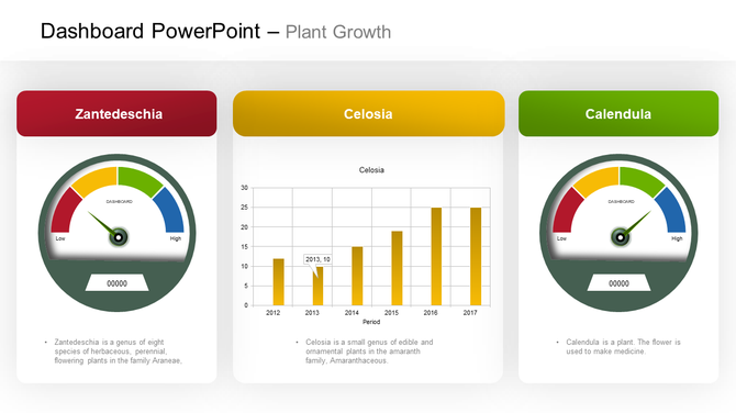 A dashboard style slide showing plant growth data for Zantedeschia, Celosia, and Calendula with gauge charts and a bar graph.