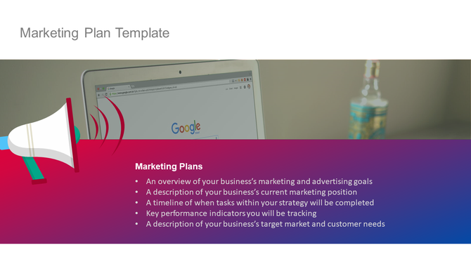 Marketing plan template with a megaphone icon and a laptop showing Google search, and text, on a purple gradient background.